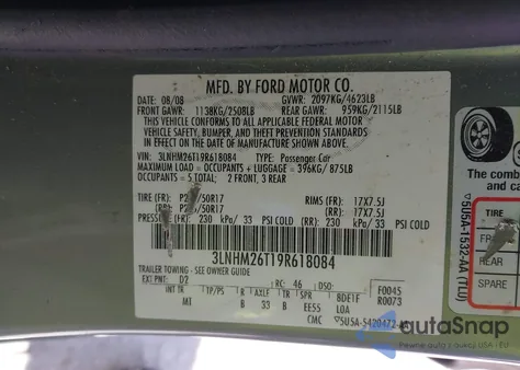 2009 Lincoln Mkz from USA, damaged, VIN 3LNHM26T19R618084